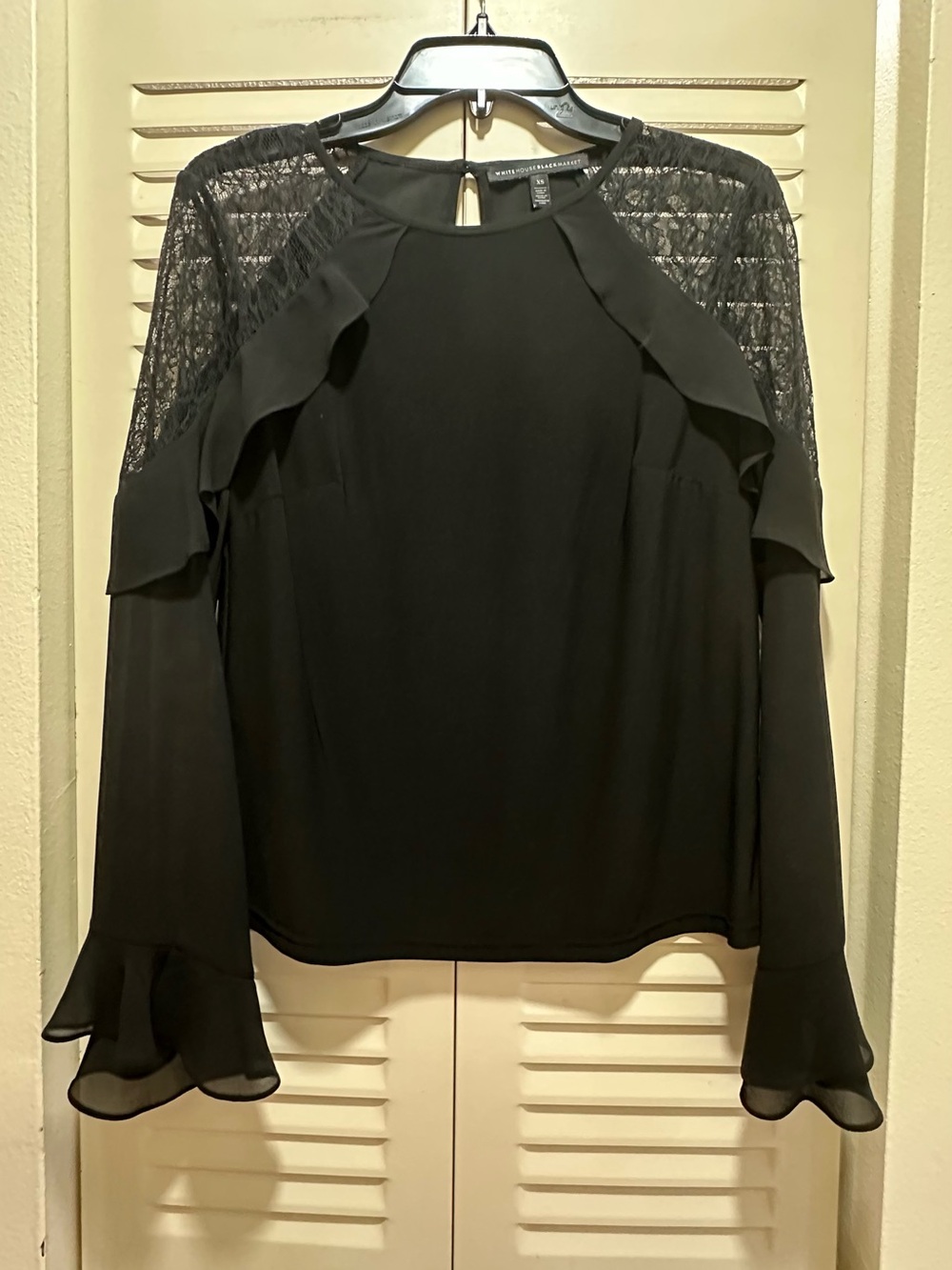 White House Black Market Black Lace-Ruffle Long Sleeve Blouse